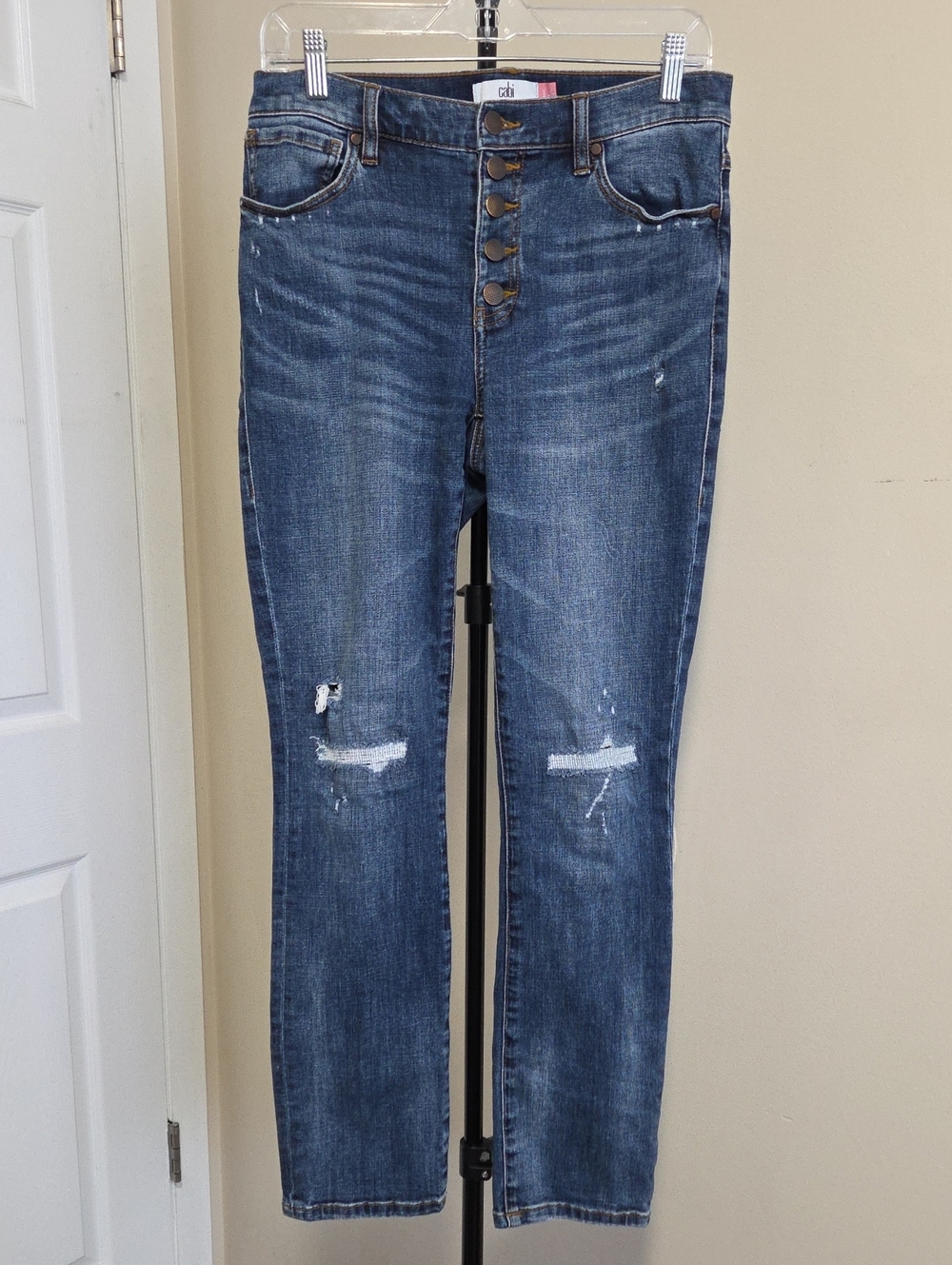 CAbi  Button-Fly Straight Distressed Jeans - Medium Blue